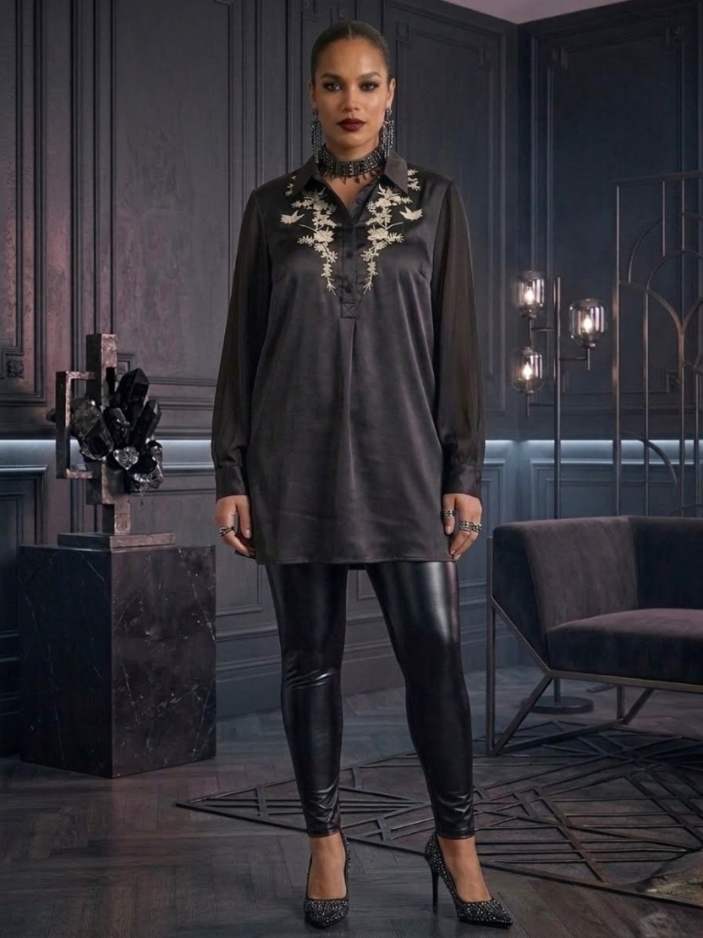 VINTAGE ALEXANDER MCQUEEN 2006 BLACK SILK TUNIC W CREAM EMBROIDERED HUMMINGBIRDS
